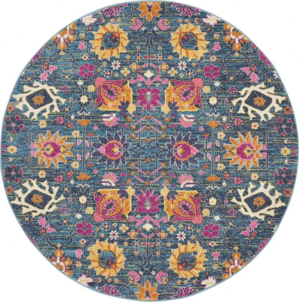 5′ Round Denim Blue Florals Distressed Area Rug
