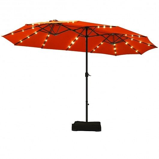 15 Ft Solar LED Patio Double-sided Umbrella Market Umbrella with Weight Base-Orange – Color: Orange