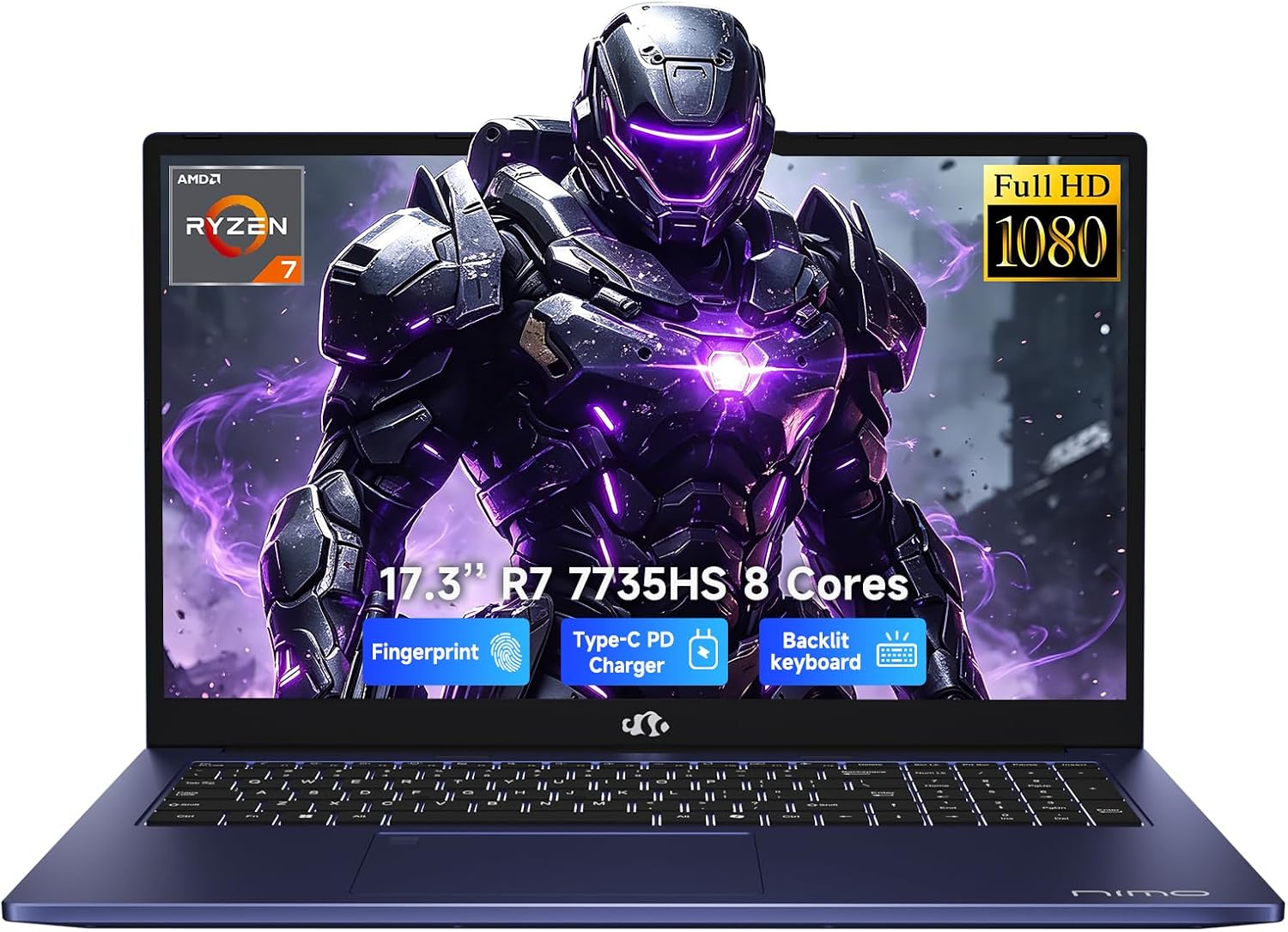 NIMO 17.3 FHD Light Gaming AI-Laptop, 8 Cores AMD R7 16GB DDR5 512GB SSD