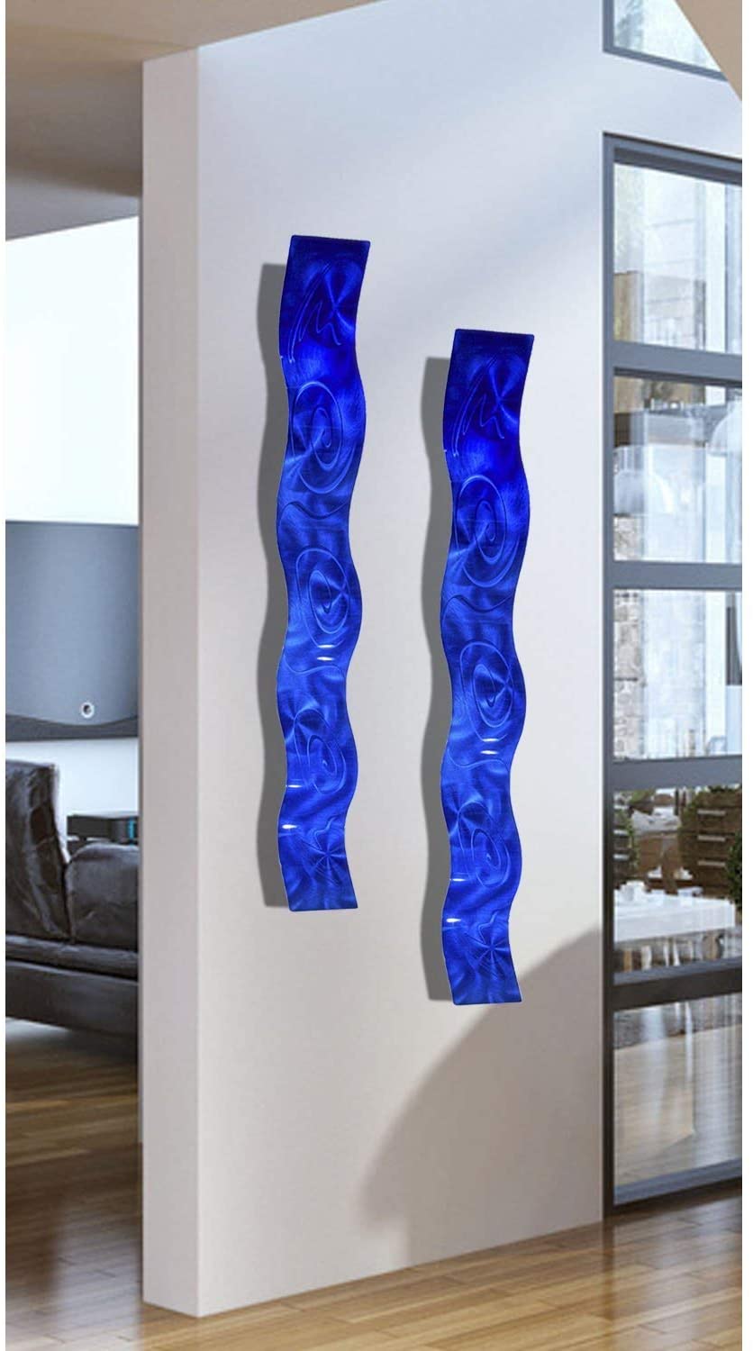 SET OF TWO Blue 3D Abstract Metal Wall Art Sculpture Wave
