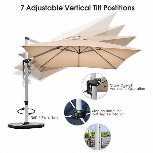 10 ft 360 Degree Tilt Aluminum Square Patio Offset Cantilever Umbrella without Weight Base