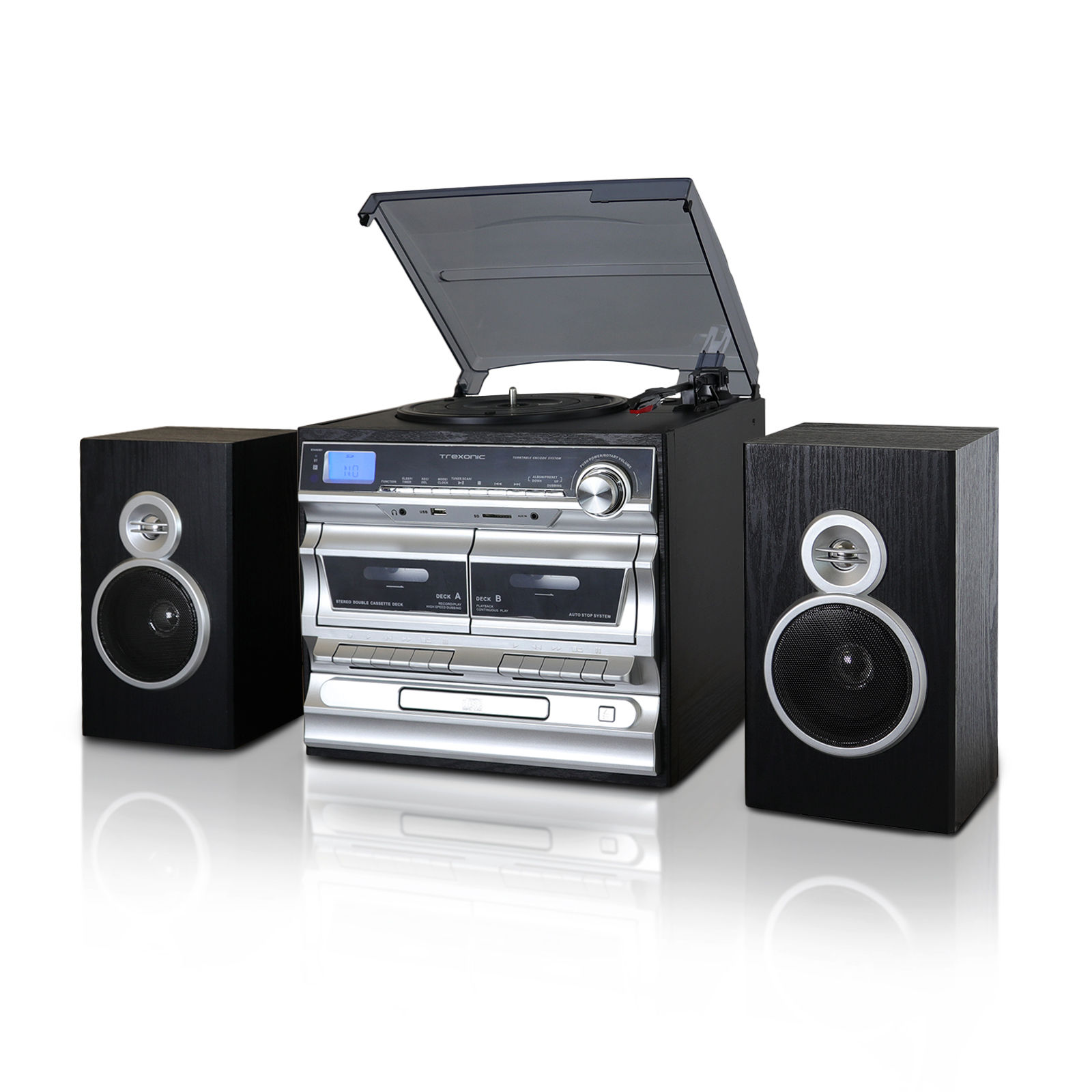 Trexonic 3-Speed Vinyl Turntable Home Stereo System with CD Player, Double Cassette Player, Bluetooth, FM Radio & USB/SD Recording