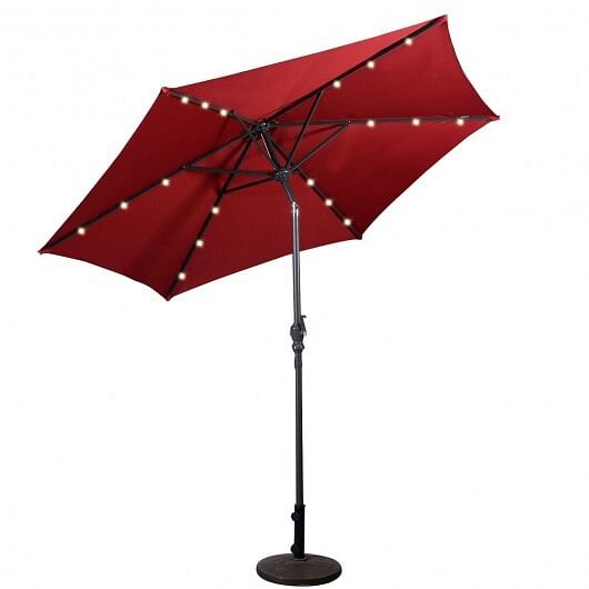 9FT Patio Solar Umbrella LED Patio Market Steel Tilt W/ Crank Outdoor New-Burgundy